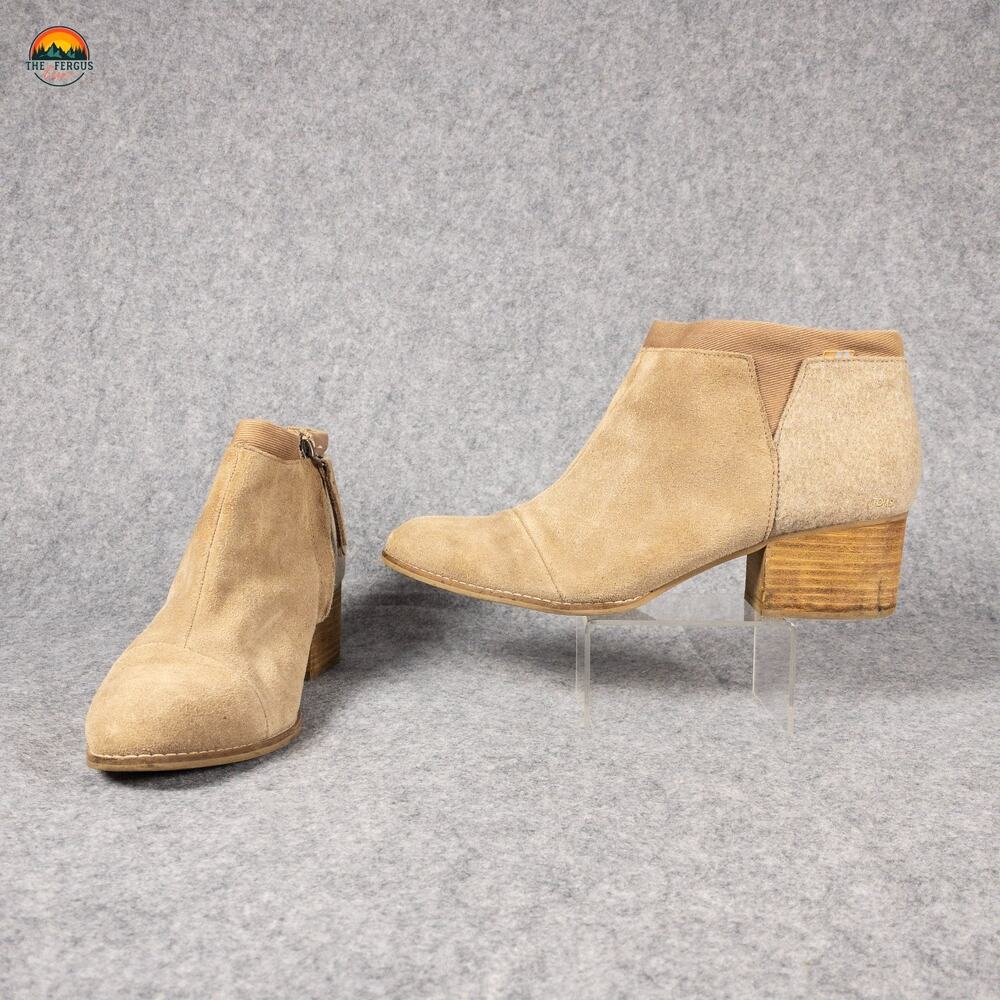 Toms Loren Ankle Booties Beige Suede Leather Side Zip Block Heels Women's Sz 11